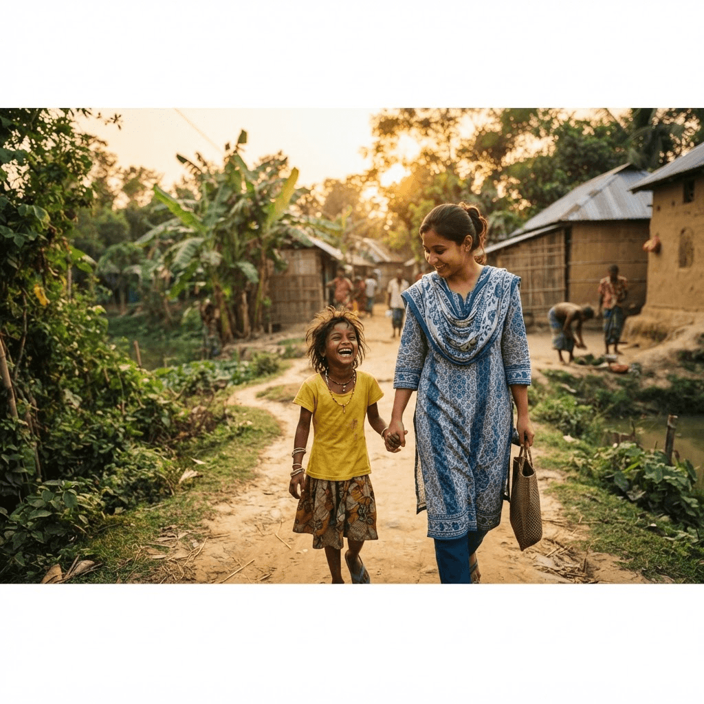 A child walking with a foundation volunteer in a rural community