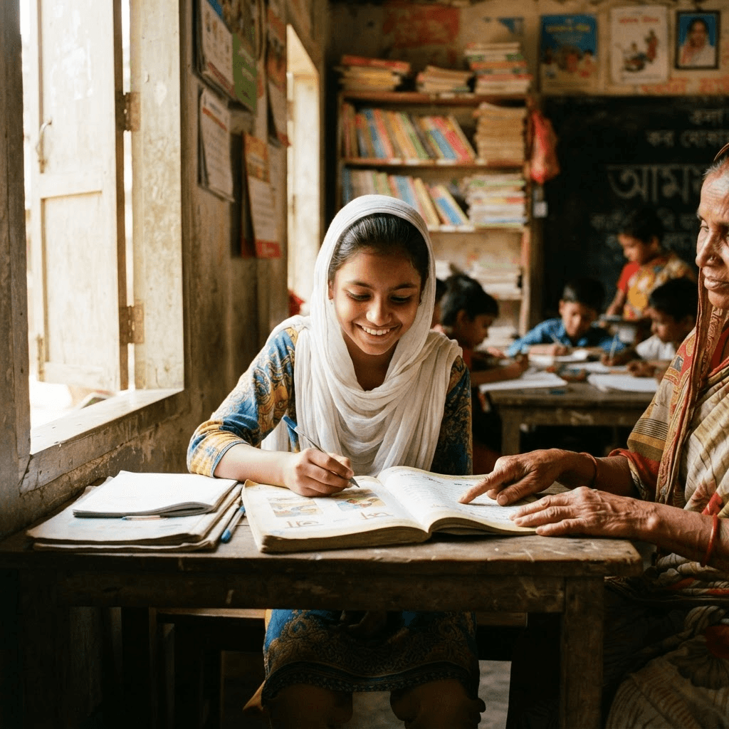 A young girl studying at a community learning center
