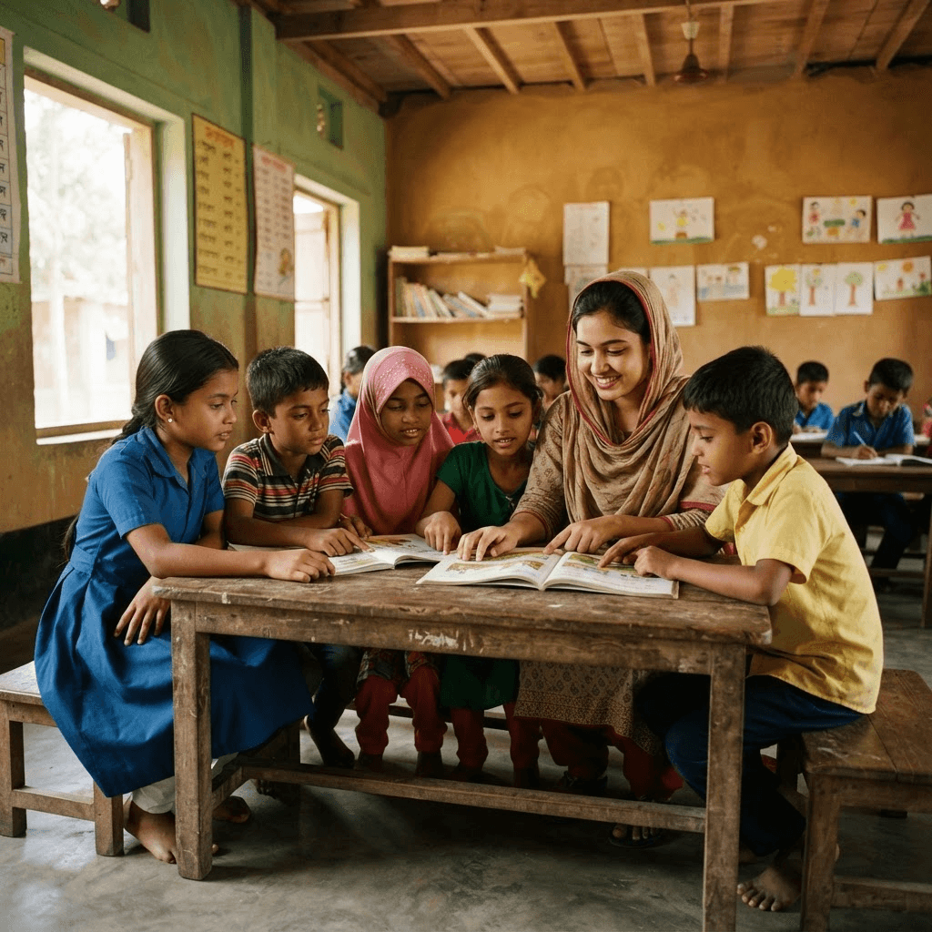 Children reading together in a community classroom